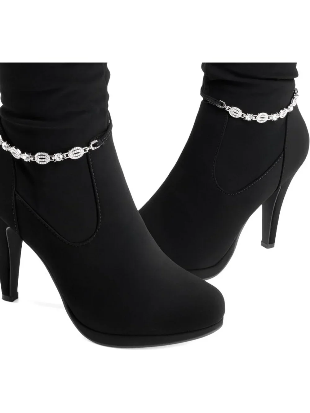 Women's Black Nubuck Stiletto Heel Rhinestone Chain Side Zipper Knee High Boots
